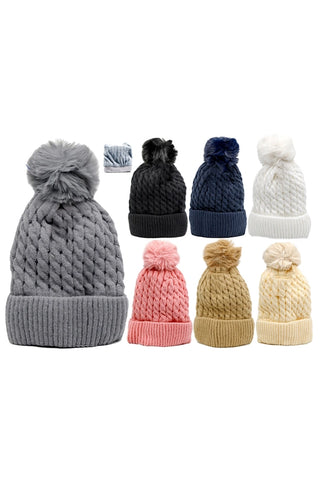 Cable Knit Fleece Lined Pom Pom Beanie
