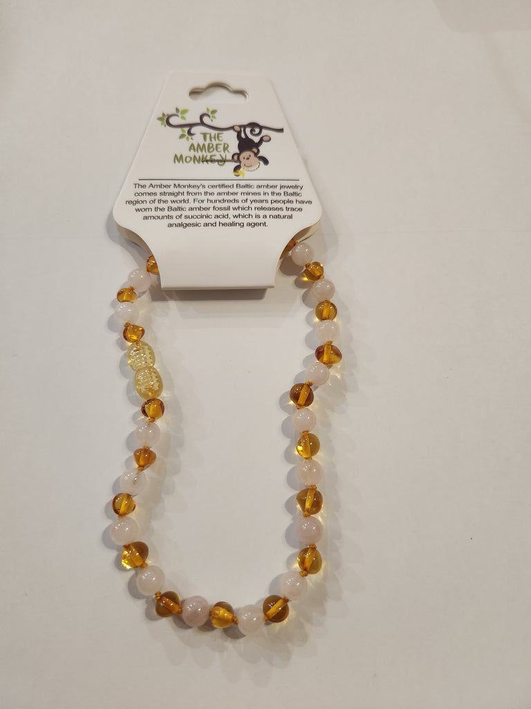 The Amber Monkey Amber Necklace Lemon Rose Quartz 10-11" RG Natural Babies and Toys The Amber Monkey Amber Necklace Lemon Rose Quartz 10-11" RG Natural Babies and Toys