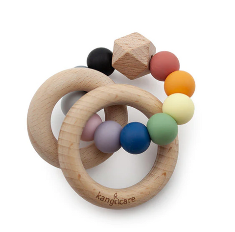 Kangacare Silicone & Wood Bubble Teething  Ring - Rainbow